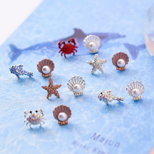 925 Silver Needle Cute Crab Starfish Diamond Earrings Small Personality Petite Pearl Shell Earrings Earrings Female-Jewearrings