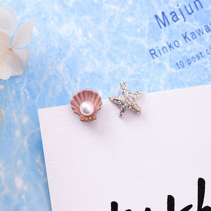 925 Silver Needle Cute Crab Starfish Diamond Earrings Small Personality Petite Pearl Shell Earrings Earrings Female-Jewearrings