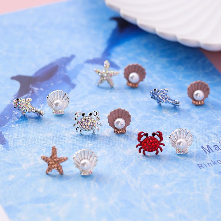 925 Silver Needle Cute Crab Starfish Diamond Earrings Small Personality Petite Pearl Shell Earrings Earrings Female-Jewearrings