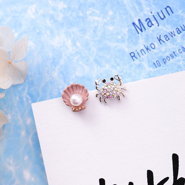 925 Silver Needle Cute Crab Starfish Diamond Earrings Small Personality Petite Pearl Shell Earrings Earrings Female-Jewearrings