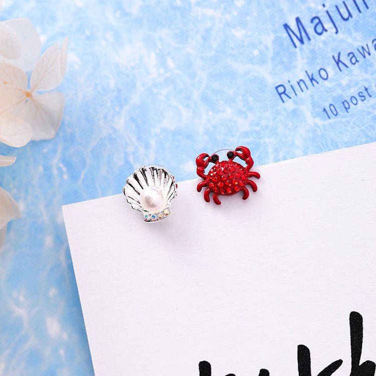 925 Silver Needle Cute Crab Starfish Diamond Earrings Small Personality Petite Pearl Shell Earrings Earrings Female-Jewearrings