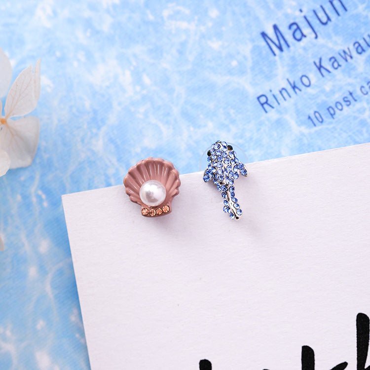 925 Silver Needle Cute Crab Starfish Diamond Earrings Small Personality Petite Pearl Shell Earrings Earrings Female-Jewearrings