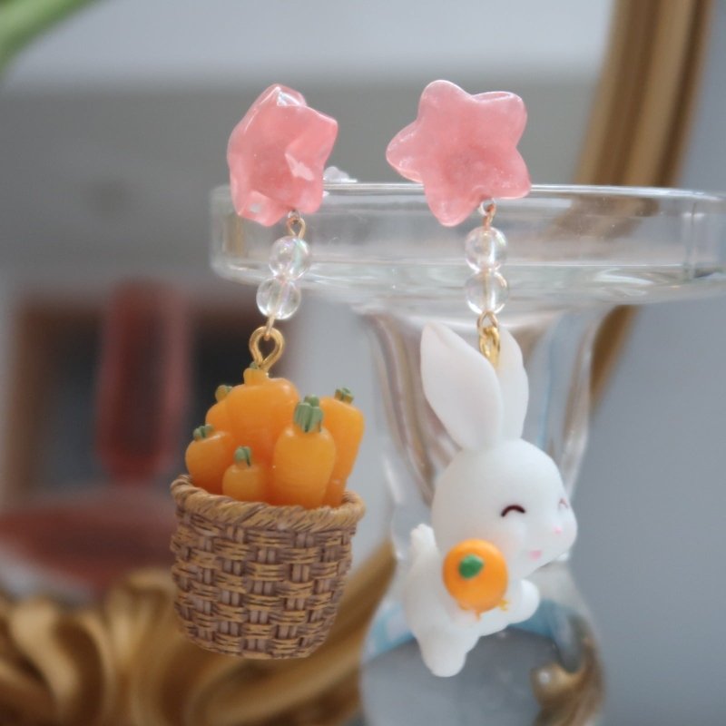 925 Silver Needle Cute Eating Radish Rabbit Asymmetrical Long Earrings-Jewearrings