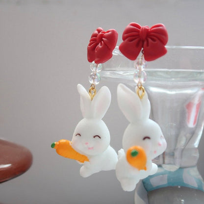 925 Silver Needle Cute Eating Radish Rabbit Asymmetrical Long Earrings-Jewearrings