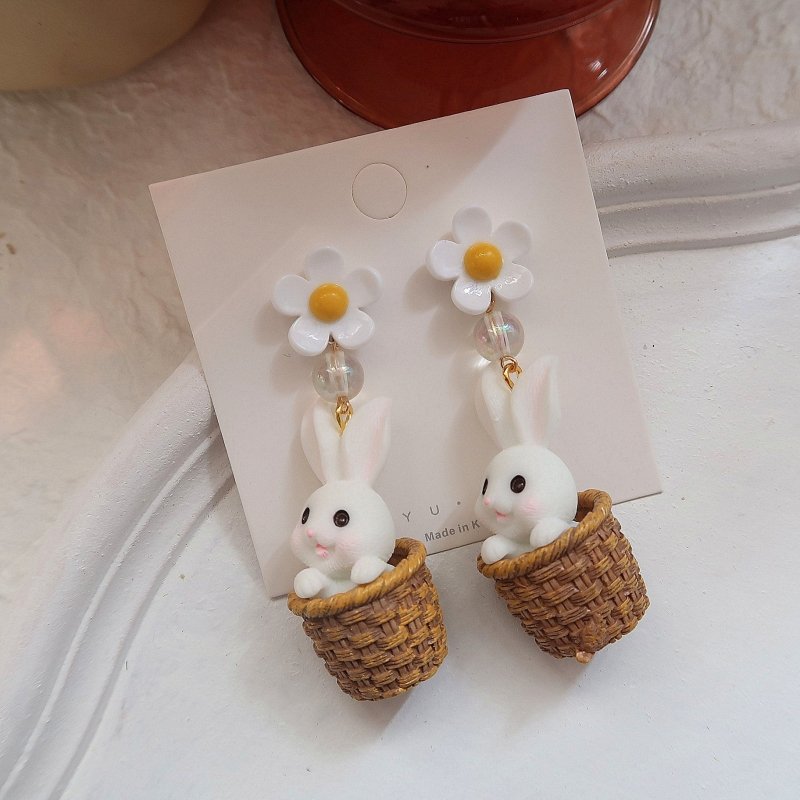 925 Silver Needle Cute Eating Radish Rabbit Asymmetrical Long Earrings-Jewearrings