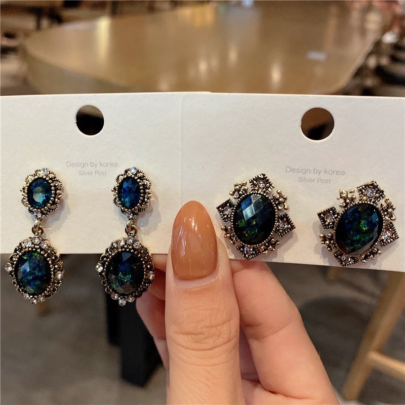 925 Silver Needle Deep Sea Blue Crystal Earrings Retro Hong Kong Style Fashion Temperament Earrings-Jewearrings