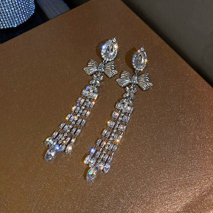 925 Silver Needle Diamond Bow Tassel Earrings-Jewearrings