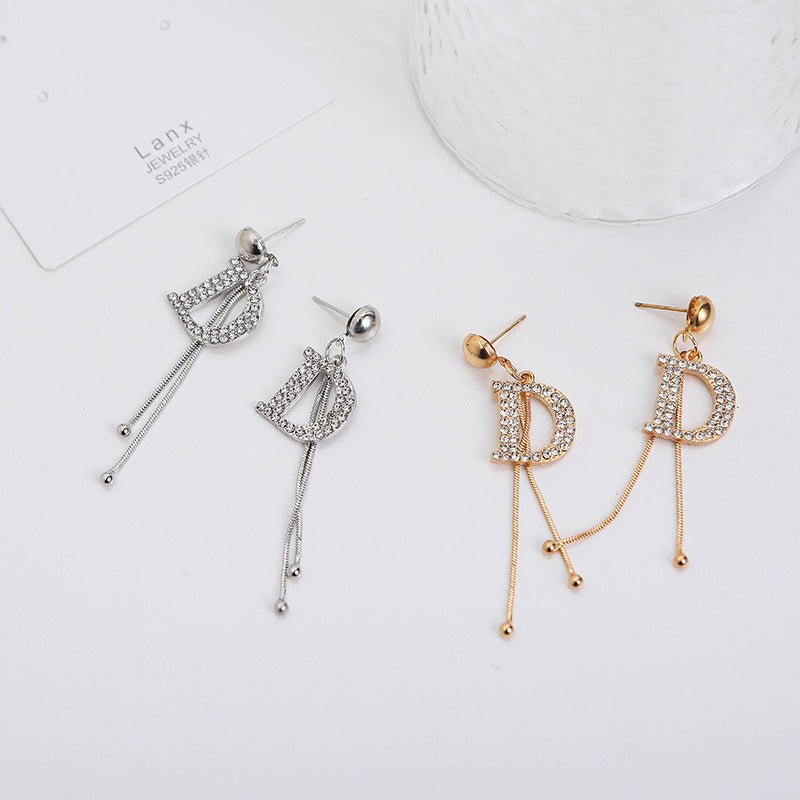 925 Silver Needle Diamond Letter Tassel Earrings Net Red Small Fragrant Style Trendy Temperament Female Long Thin Earrings-Jewearrings