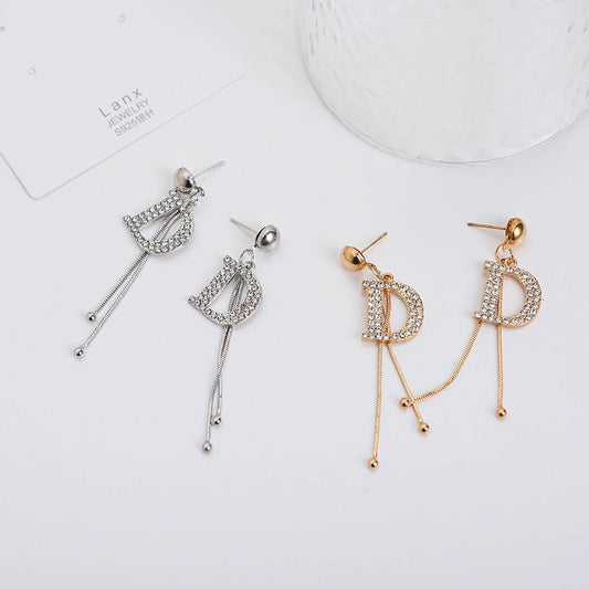 925 Silver Needle Diamond Letter Tassel Earrings Net Red Small Fragrant Style Trendy Temperament Female Long Thin Earrings-Jewearrings