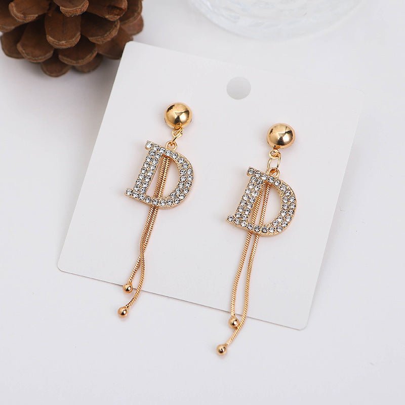 925 Silver Needle Diamond Letter Tassel Earrings Net Red Small Fragrant Style Trendy Temperament Female Long Thin Earrings-Jewearrings