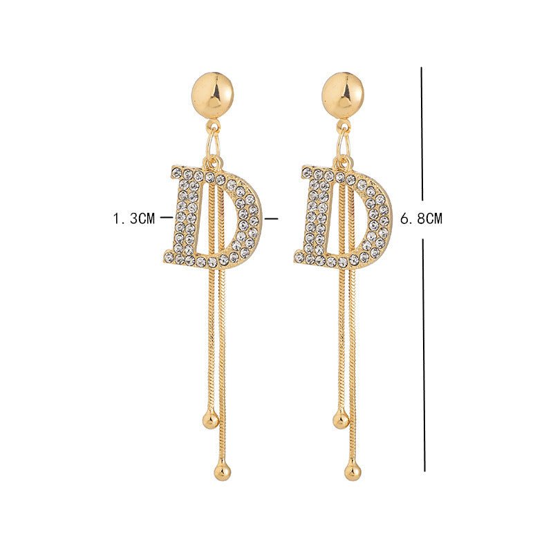 925 Silver Needle Diamond Letter Tassel Earrings Net Red Small Fragrant Style Trendy Temperament Female Long Thin Earrings-Jewearrings