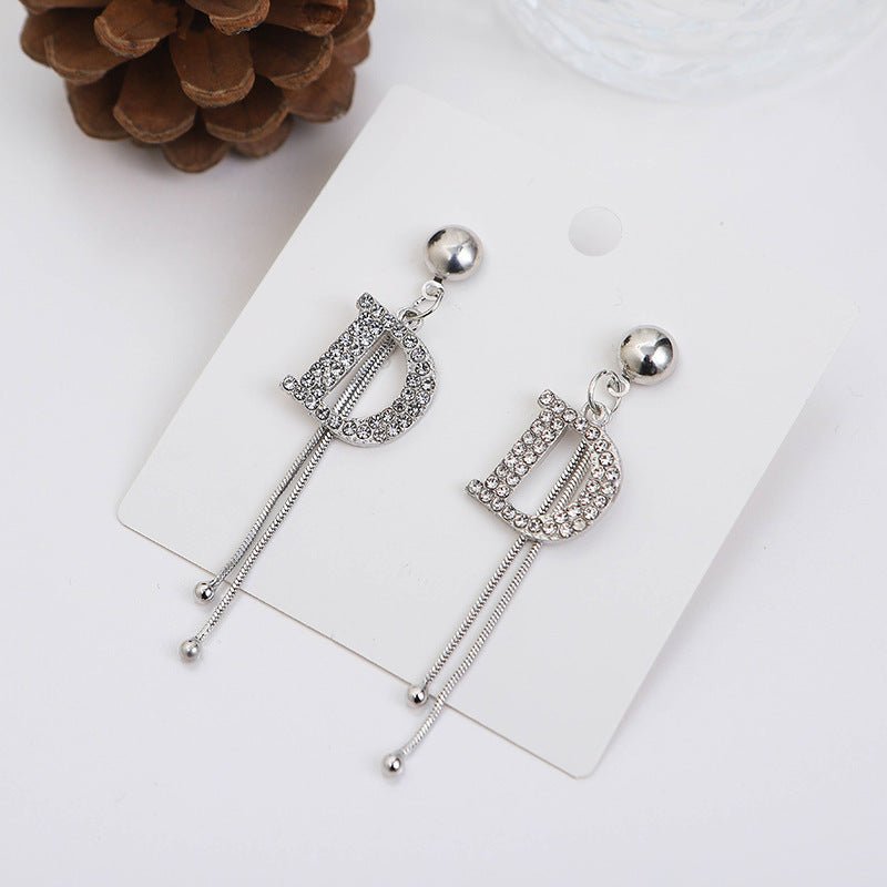 925 Silver Needle Diamond Letter Tassel Earrings Net Red Small Fragrant Style Trendy Temperament Female Long Thin Earrings-Jewearrings