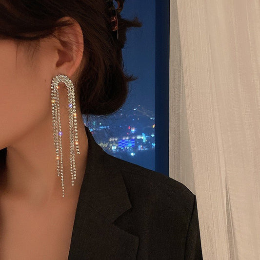 925 Silver Needle Exaggerated Full Diamond Tassel Earrings Female Long Section-Jewearrings