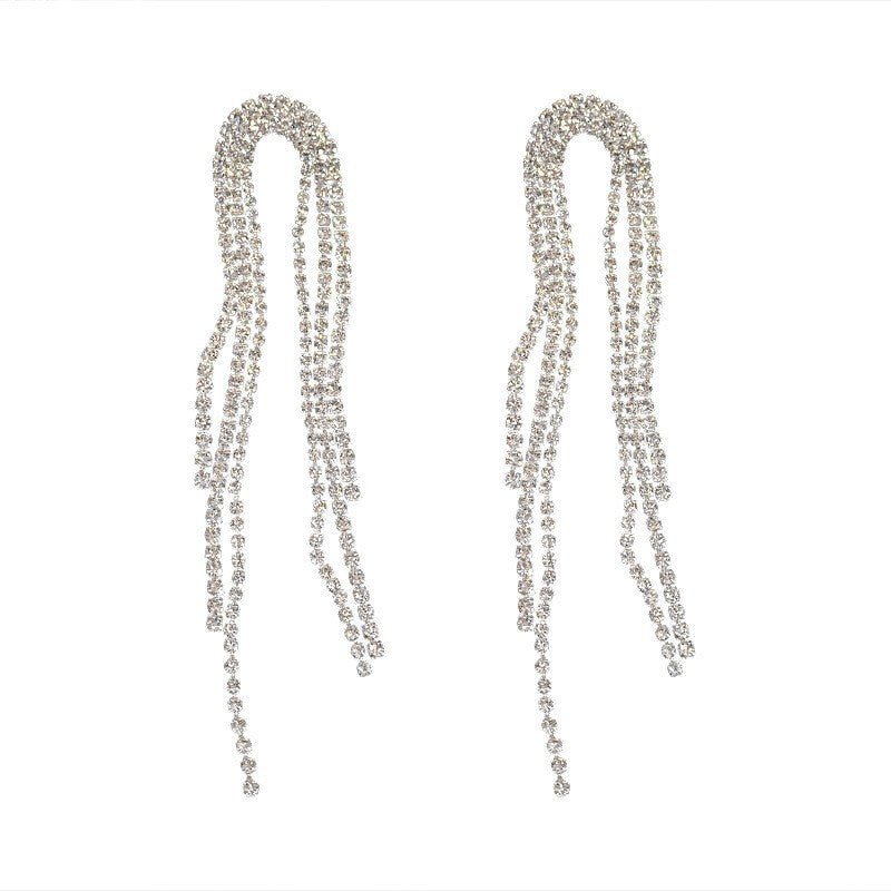 925 Silver Needle Exaggerated Full Diamond Tassel Earrings Female Long Section-Jewearrings