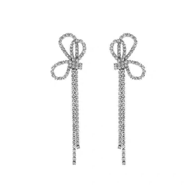 925 Silver Needle Fashion Full Diamond Bow Tassel Earrings-Jewearrings