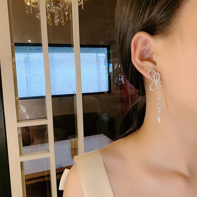 925 Silver Needle Fashion Full Diamond Bow Tassel Earrings-Jewearrings