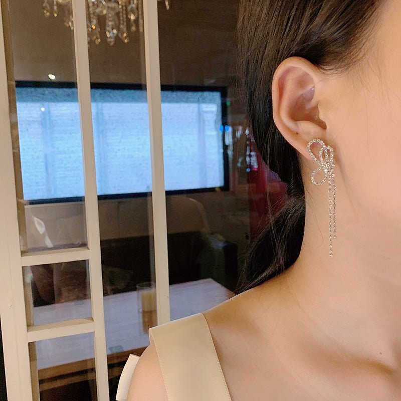 925 Silver Needle Fashion Full Diamond Bow Tassel Earrings-Jewearrings