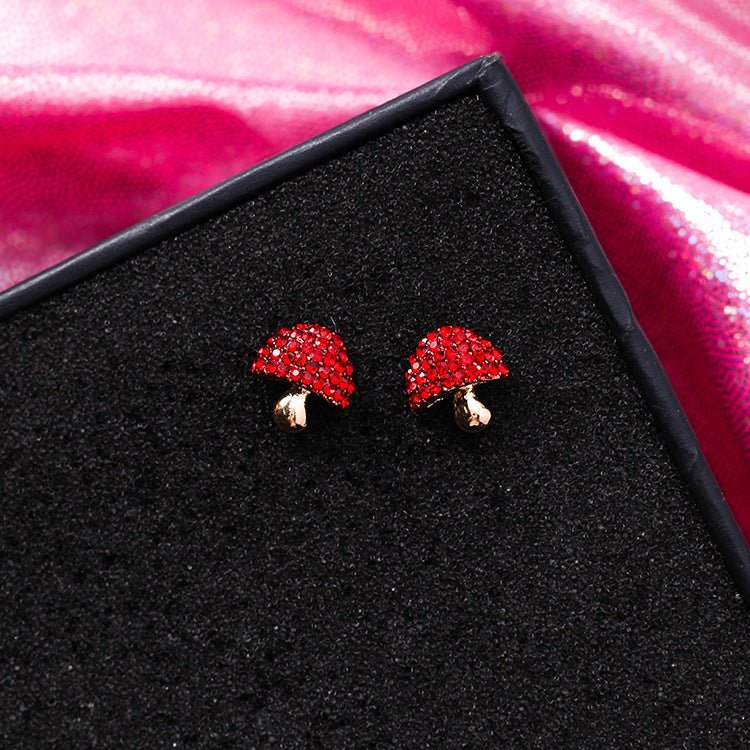 925 Silver Needle Festive Red Cherry Strawberry Fruit Stud Earrings Small Flowers Mushrooms Full Diamond Earrings-Jewearrings