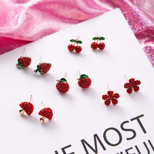 925 Silver Needle Festive Red Cherry Strawberry Fruit Stud Earrings Small Flowers Mushrooms Full Diamond Earrings-Jewearrings