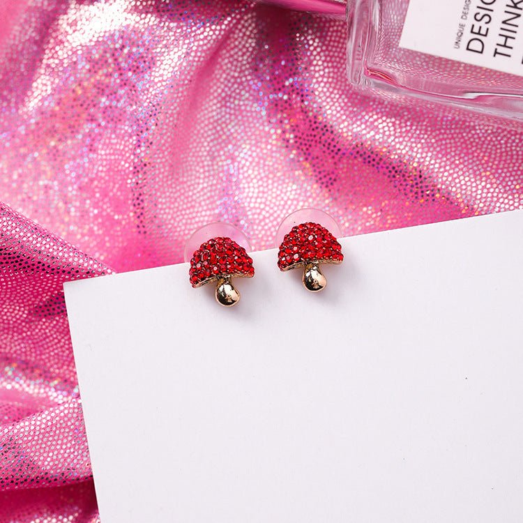 925 Silver Needle Festive Red Cherry Strawberry Fruit Stud Earrings Small Flowers Mushrooms Full Diamond Earrings-Jewearrings