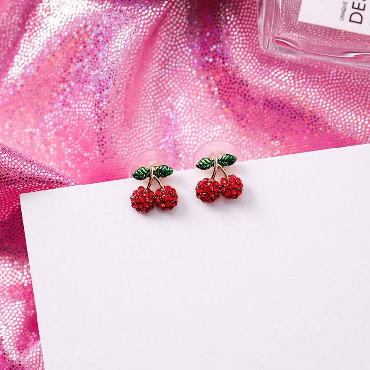 925 Silver Needle Festive Red Cherry Strawberry Fruit Stud Earrings Small Flowers Mushrooms Full Diamond Earrings-Jewearrings