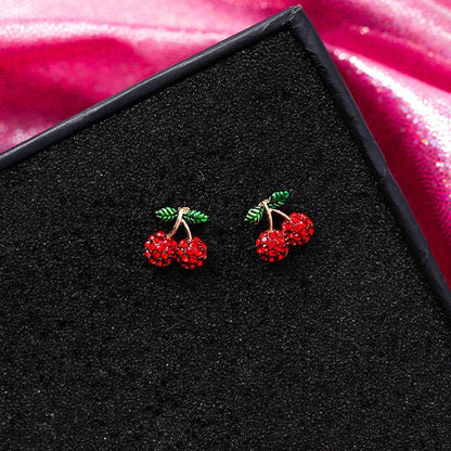 925 Silver Needle Festive Red Cherry Strawberry Fruit Stud Earrings Small Flowers Mushrooms Full Diamond Earrings-Jewearrings