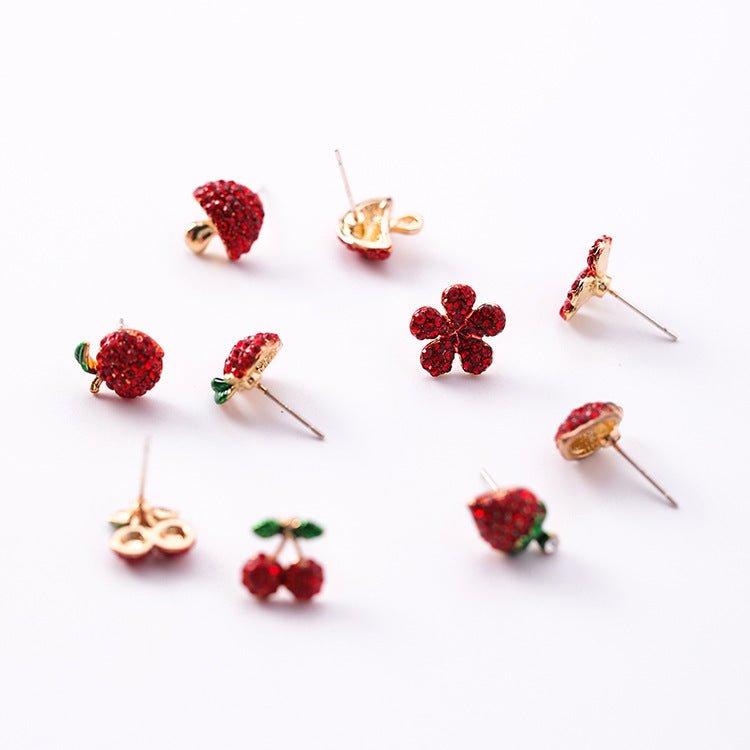 925 Silver Needle Festive Red Cherry Strawberry Fruit Stud Earrings Small Flowers Mushrooms Full Diamond Earrings-Jewearrings