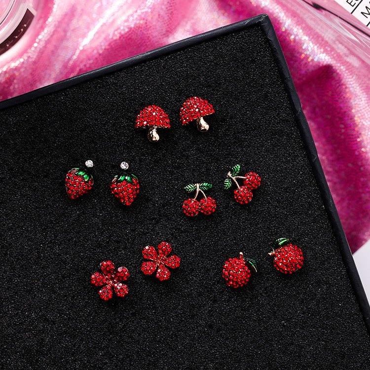 925 Silver Needle Festive Red Cherry Strawberry Fruit Stud Earrings Small Flowers Mushrooms Full Diamond Earrings-Jewearrings