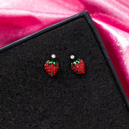 925 Silver Needle Festive Red Cherry Strawberry Fruit Stud Earrings Small Flowers Mushrooms Full Diamond Earrings-Jewearrings