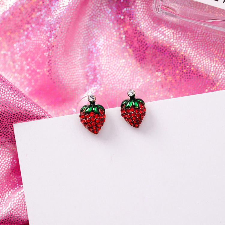 925 Silver Needle Festive Red Cherry Strawberry Fruit Stud Earrings Small Flowers Mushrooms Full Diamond Earrings-Jewearrings