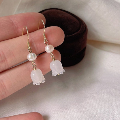 925 Silver Needle Glass Glazed Flower Tulip Handmade Design Sense Earrings Long Mori Earrings-Jewearrings