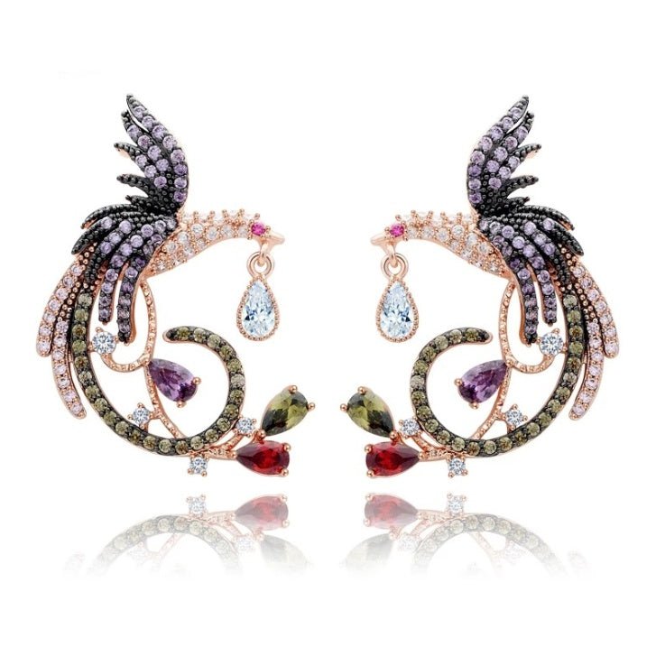 925 silver needle heavy work earrings European and American phoenix color bird big earrings-Jewearrings