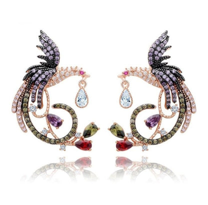 925 silver needle heavy work earrings European and American phoenix color bird big earrings-Jewearrings