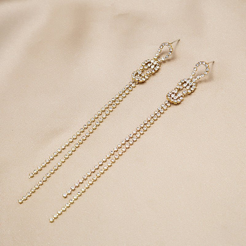 925 Silver Needle Knotted Long Tassel Earrings With Diamonds Simple And Wild Exaggerated Earrings-Jewearrings