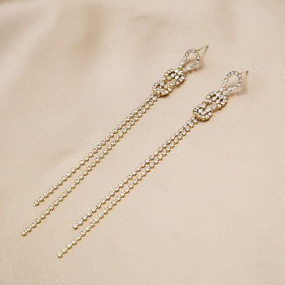 925 Silver Needle Knotted Long Tassel Earrings With Diamonds Simple And Wild Exaggerated Earrings-Jewearrings