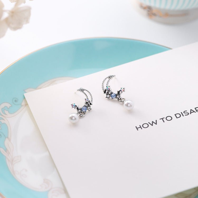 925 silver needle Korean version of the diamond star moon pearl pendant earrings sweet fashion rhinestone crescent earrings earrings-Jewearrings