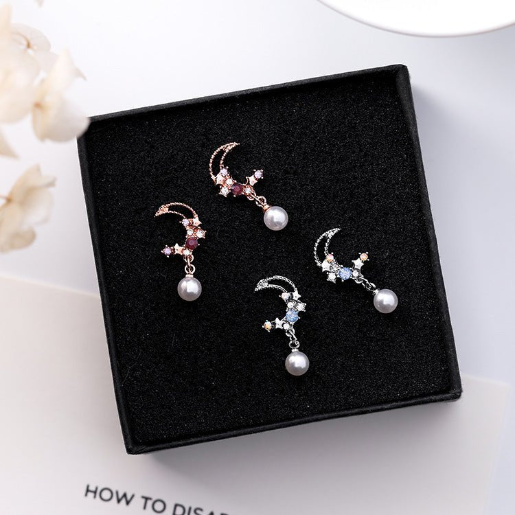 925 silver needle Korean version of the diamond star moon pearl pendant earrings sweet fashion rhinestone crescent earrings earrings-Jewearrings