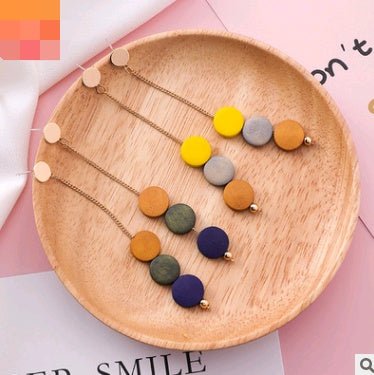 925 silver needle long color round piece wood tassel earrings personality wooden round earrings simple earrings-Jewearrings