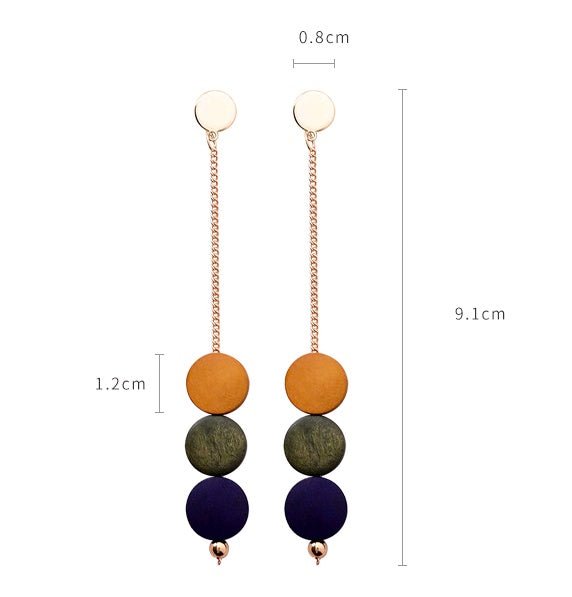 925 silver needle long color round piece wood tassel earrings personality wooden round earrings simple earrings-Jewearrings