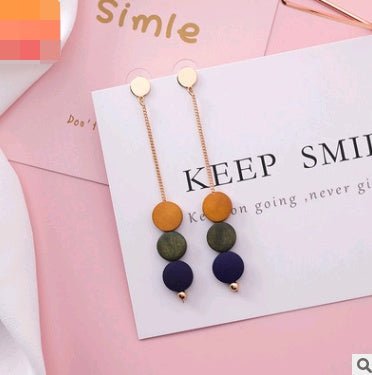 925 silver needle long color round piece wood tassel earrings personality wooden round earrings simple earrings-Jewearrings