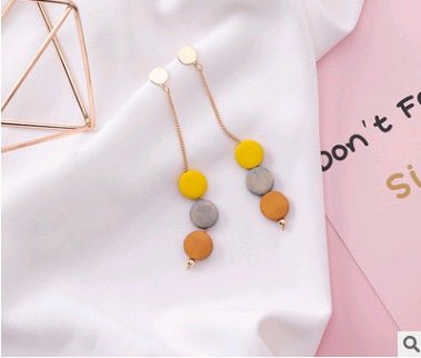 925 silver needle long color round piece wood tassel earrings personality wooden round earrings simple earrings-Jewearrings