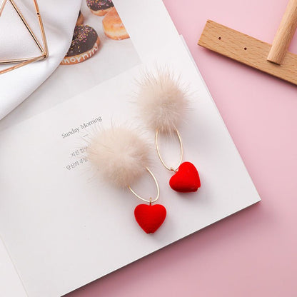 925 silver needle long geometric oval suede love hair ball earrings Korean fashion personality long hair earrings-Jewearrings