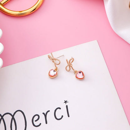 925 Silver Needle Love Bow Earrings Sweet Garland Diamond Drop Earrings-Jewearrings