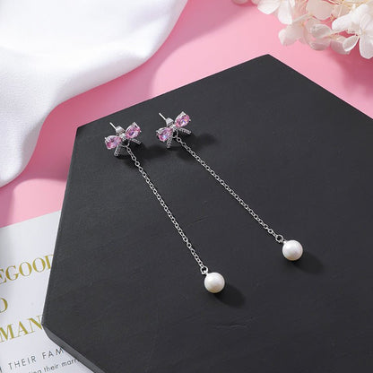 925 Silver Needle Micro Zircon Bow Earrings Beads Small Pearl Temperament Long Fringe Earrings-Jewearrings