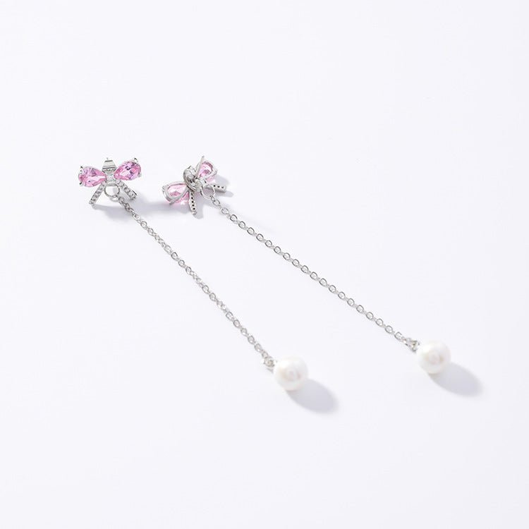 925 Silver Needle Micro Zircon Bow Earrings Beads Small Pearl Temperament Long Fringe Earrings-Jewearrings