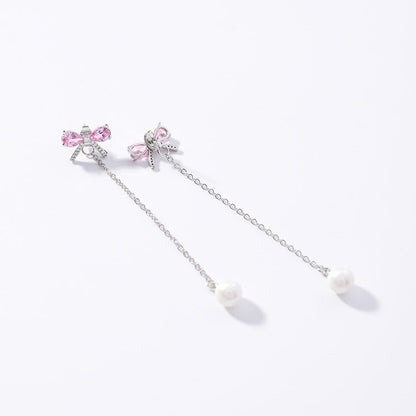 925 Silver Needle Micro Zircon Bow Earrings Beads Small Pearl Temperament Long Fringe Earrings-Jewearrings