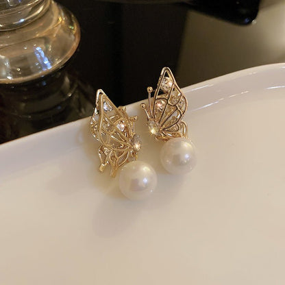 925 Silver Needle Niche Diamond Butterfly Pearl Earrings-Jewearrings