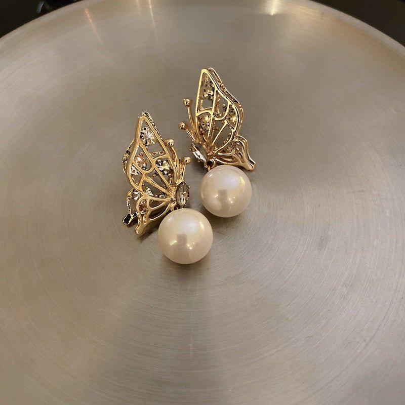 925 Silver Needle Niche Diamond Butterfly Pearl Earrings-Jewearrings