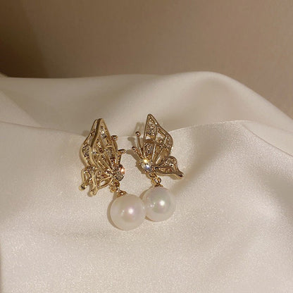 925 Silver Needle Niche Diamond Butterfly Pearl Earrings-Jewearrings