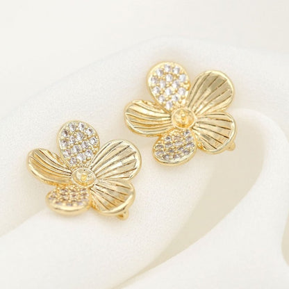 925 Silver Needle Parthenocissus Grass Zircon Stud Earrings Plated 14K Gold-Jewearrings